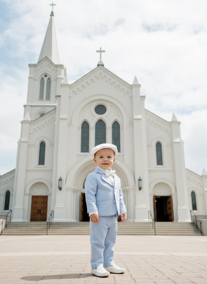 Baby and toddler boys pale blue chambray suit with blue vest, pants and jacket