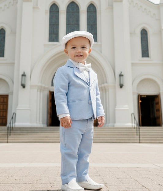 Baby and toddler boys pale blue chambray suit with blue vest, pants and jacket