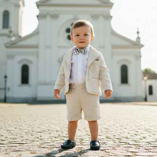 Beige Linen Summer Suit with navy blue accessories