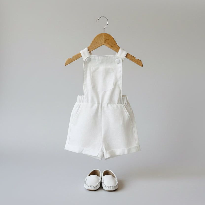 Boys white pure linen overalls suspender shorts with optional shirt and embroidery