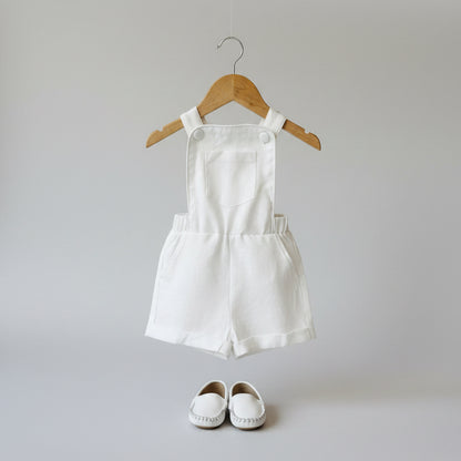 Boys white pure linen overalls suspender shorts with optional shirt and embroidery