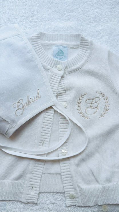 White linen Baptism Christening bib with optional embroidery