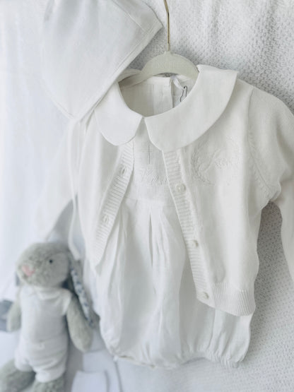 Linen Baptism peter pan collar bubble romper with optional embroidery customisation