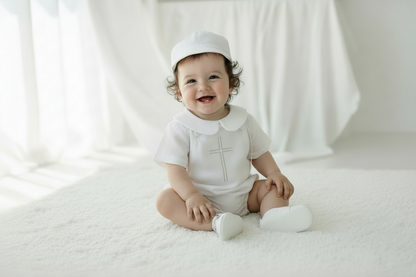 Baby white linen baptism romper overalls and blouse shirt set