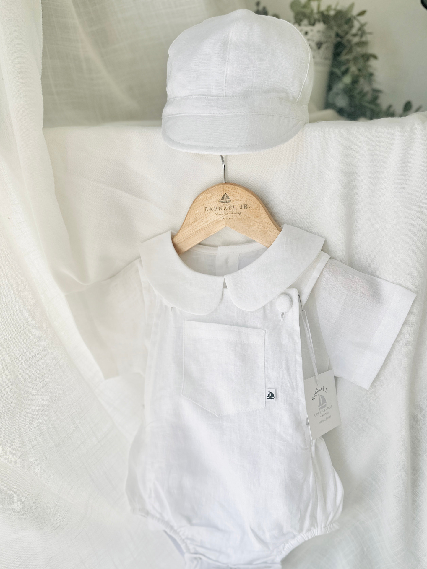 Baby white linen baptism romper overalls and blouse shirt set