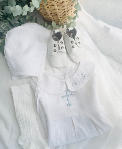 Linen Baptism 3/4 length jumpsuit with optional cardigan and embroidery
