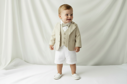 White and beige linen Baptism and Wedding Outfit with vest, shirt, shorts, suspenders and bow tie