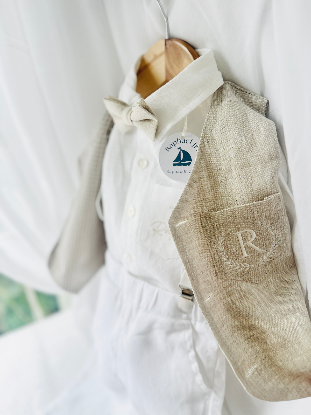 White and Beige Linen set with vest, shirt, pants, suspenders and bowtie plus optional jacket, cap and shoes