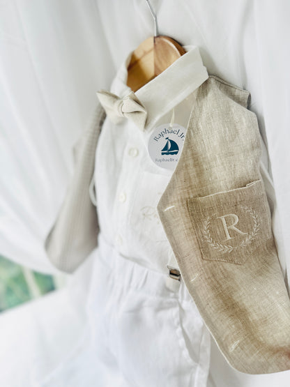 White and Beige Linen set with vest, shirt, pants, suspenders and bowtie plus optional jacket, cap and shoes