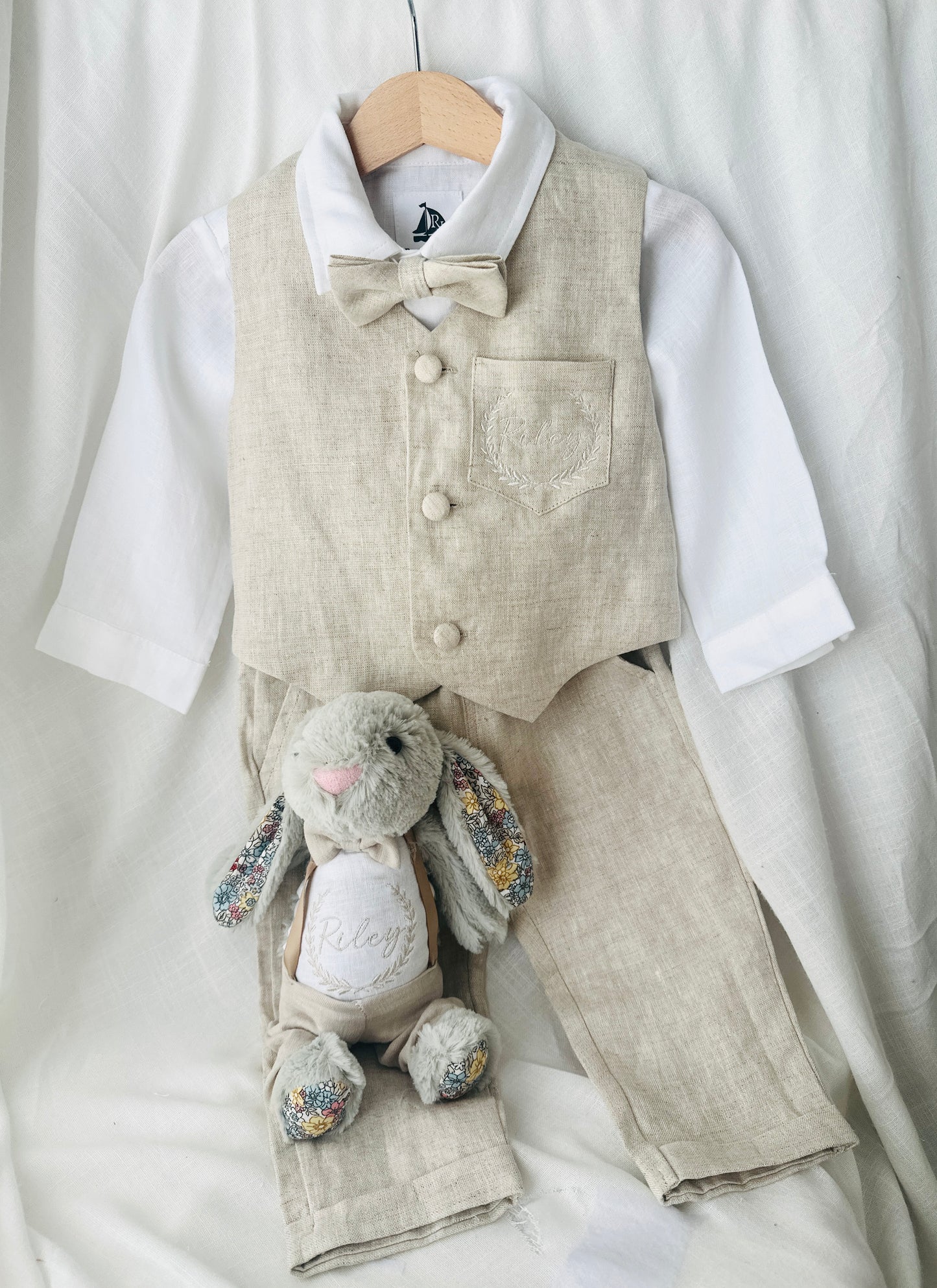 Beige Linen Outfit with vest, shirt, pants, suspenders and bowtie plus optional jacket, cap and shoes