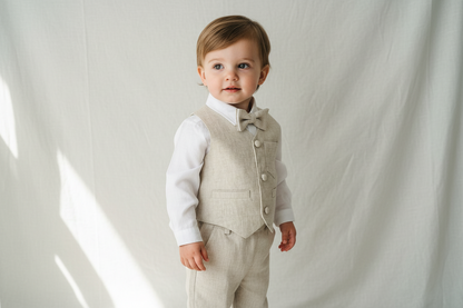 White and beige linen Baptism and Wedding Outfit with vest, shirt, shorts, suspenders and bow tie