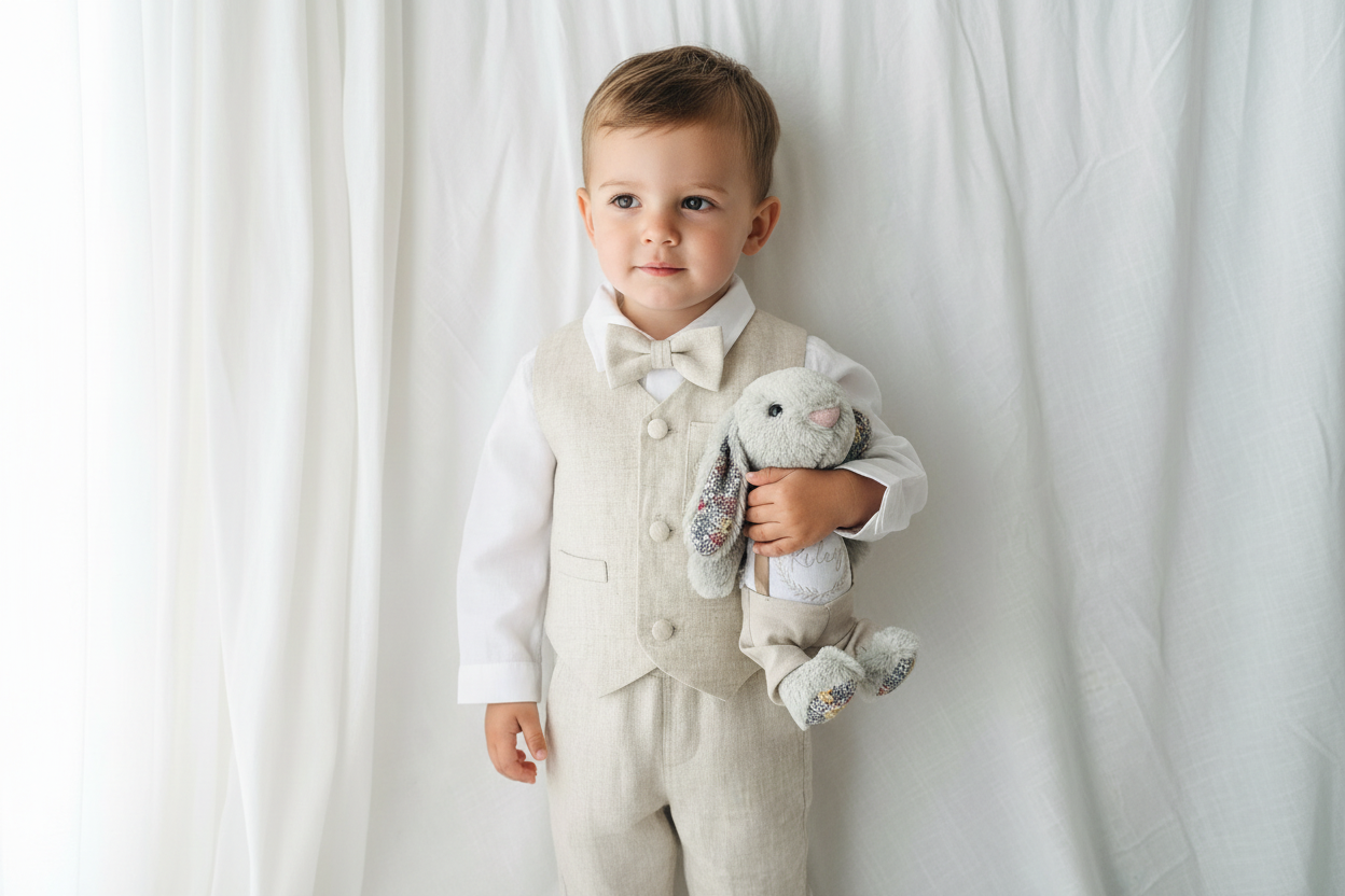 Beige Linen Outfit with vest, shirt, pants, suspenders and bowtie plus optional jacket, cap and shoes