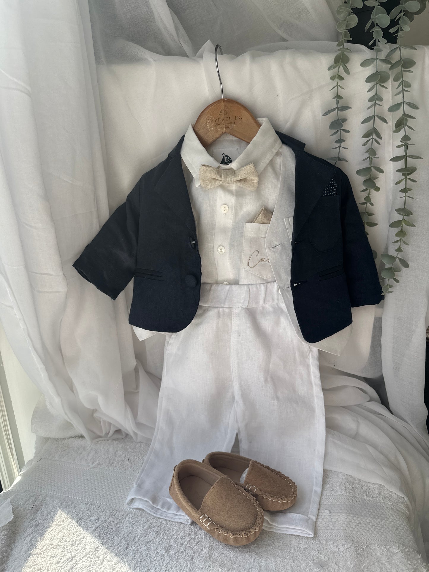 Boys white vest with white linen suit and navy jacket set