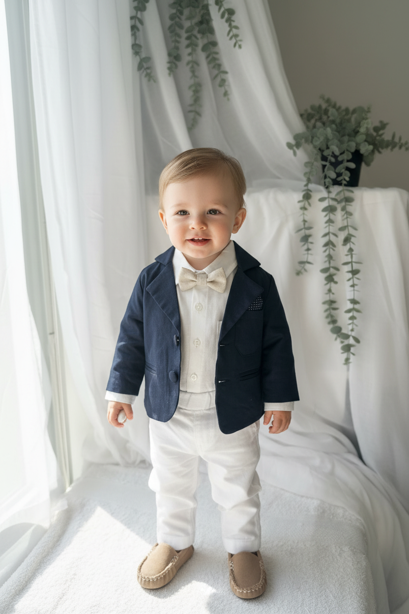 Boys white vest with white linen suit and navy jacket set