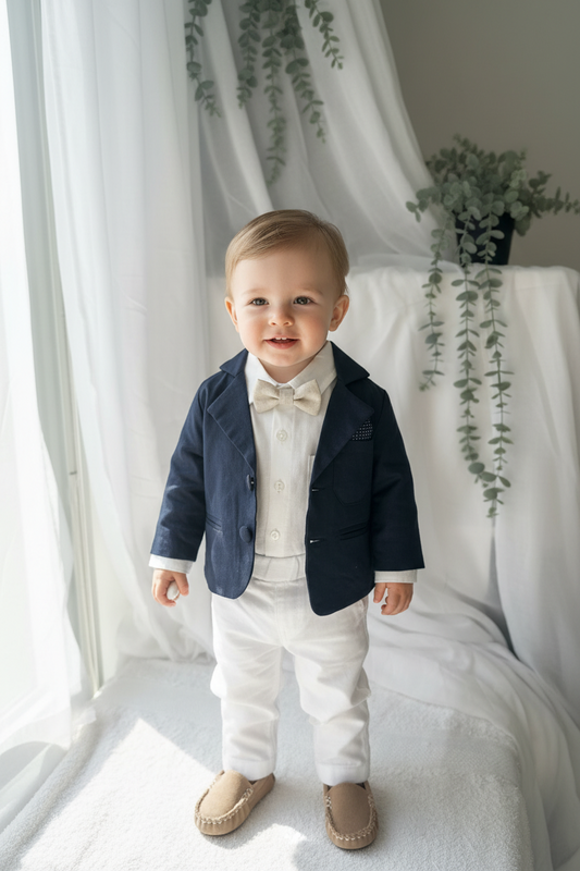 Boys white vest with white linen suit and navy jacket set