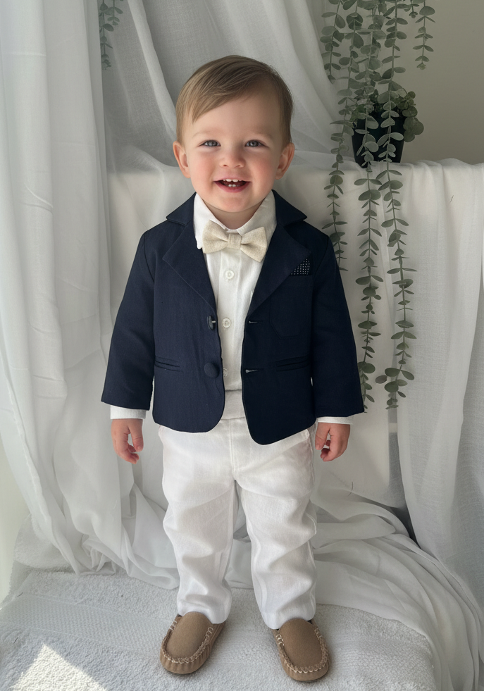 Boys white vest with white linen suit and navy jacket set