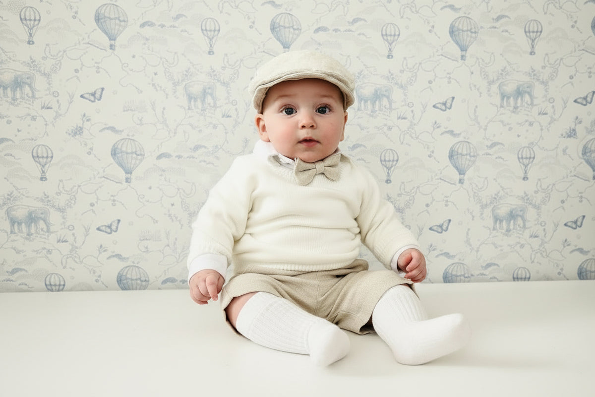 Beige Linen outfit with shorts, socks, shirt, and bow tie plus sweater