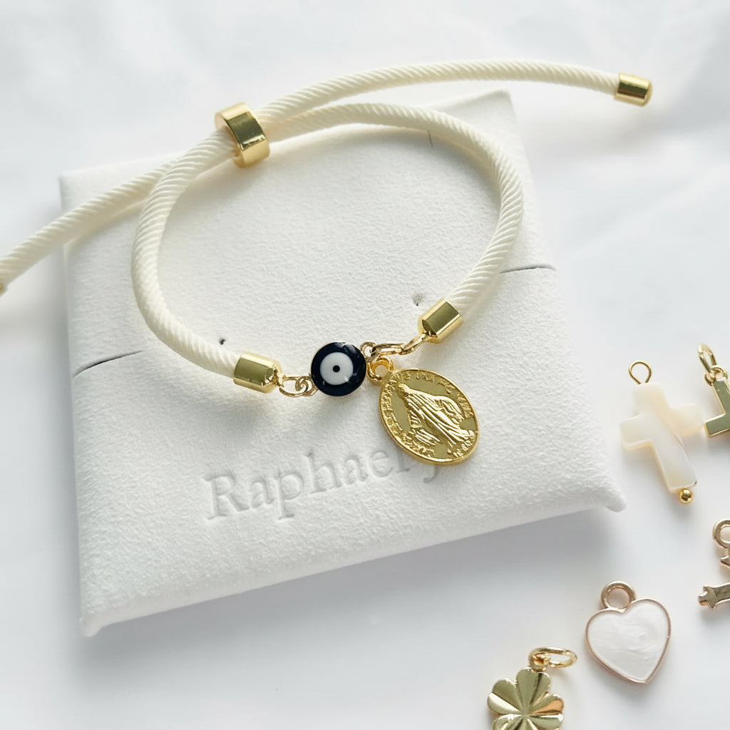 Evil eye bracelet white rope with gold clasps and optional charm
