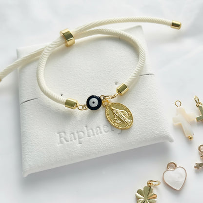 Evil eye bracelet white rope with gold clasps and optional charm