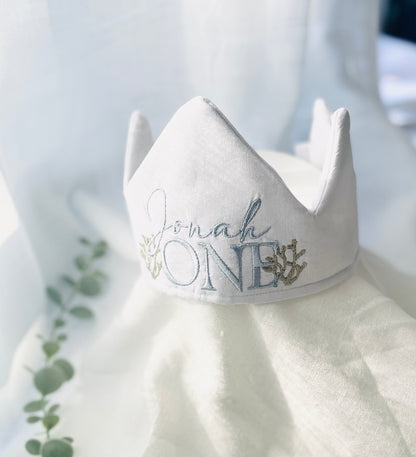 Boys White Linen first birthday romper with custom embroidery designs