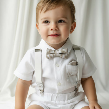 White and beige linen Baptism and Wedding Outfit with vest, shirt, shorts, suspenders and bow tie