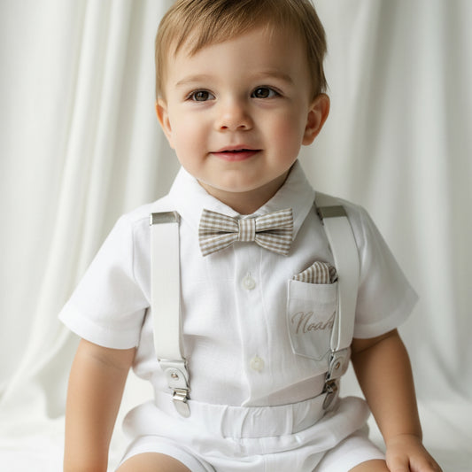 White and beige Summer linen outfit with suspender shorts, shirt, and bow tie plus optional jacket and embroidery