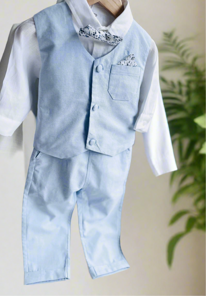 Baby and Toddler Boys pale blue chambray set with vest, pants, linen shirt, bowtie and suspenders, plus optional jacket cap and shoes