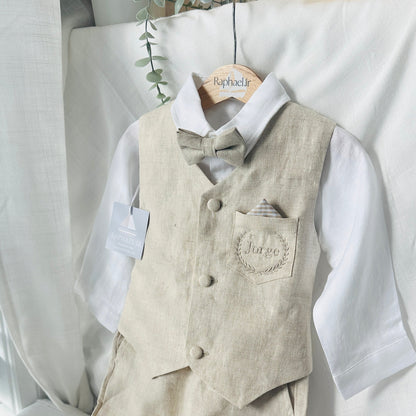 Beige Linen vest suit, shirt, pants, suspenders and bowtie plus optional jacket, cap and shoes
