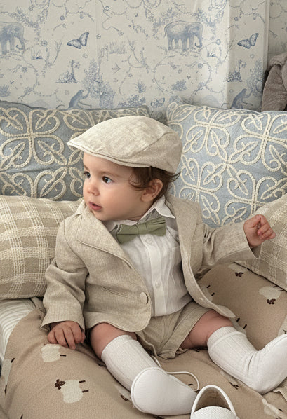 Beige Linen vest suit, shirt, pants, suspenders and bowtie plus optional jacket, cap and shoes
