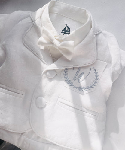 Boys White linen Baptism blazer jacket with optional embroidery