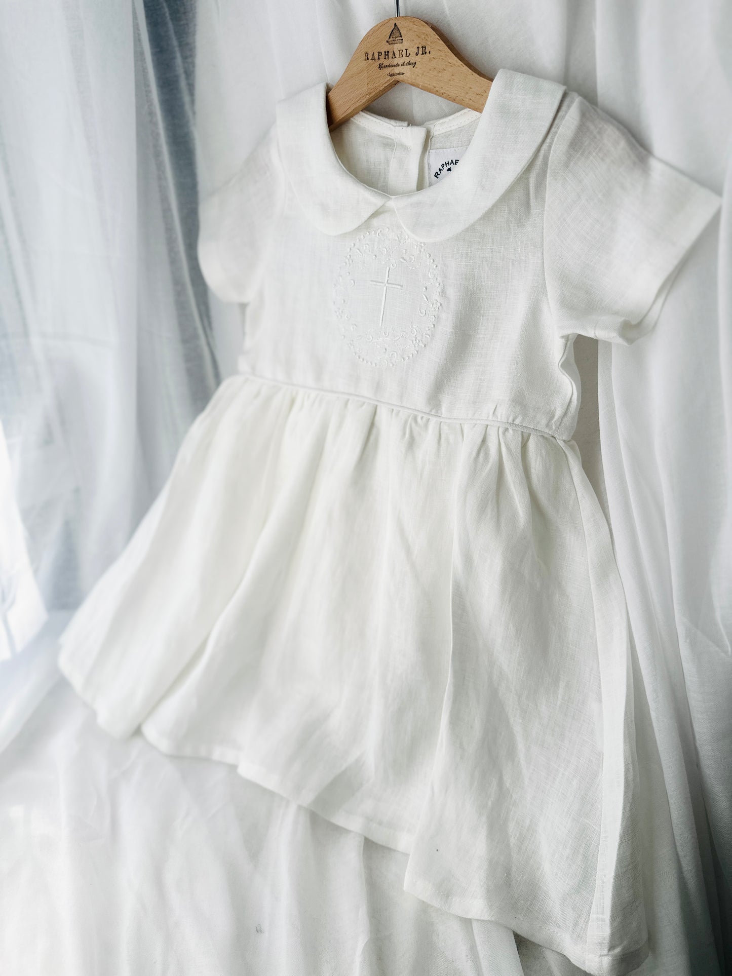 Pure Linen knee length Baptism Dress with embroidery and bloomers and optional ribbon