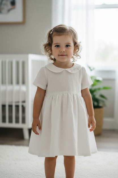 Pure Linen knee length Baptism Dress with embroidery and bloomers and optional ribbon
