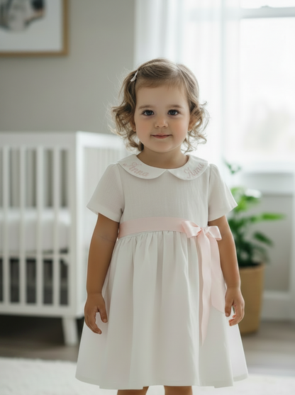 Pure Linen knee length Baptism Dress with embroidery and bloomers and optional ribbon