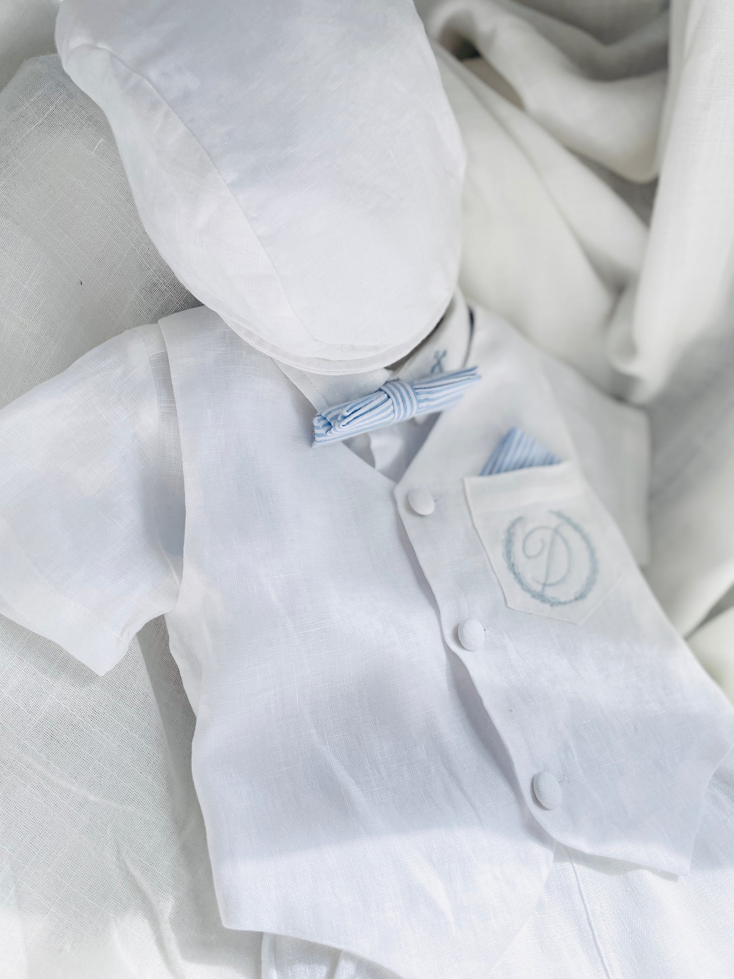 Baby and Toddler Boys white linen summer set with vest, shirt, shorts, suspenders and bowtie
