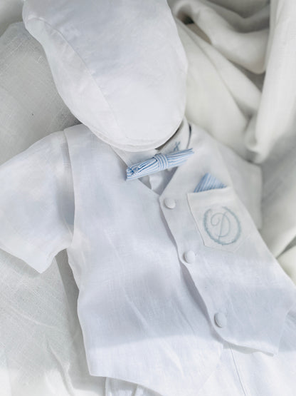 White linen Baptism vest set with shirt, suspender shorts, bowtie and optional embroidery cap and shoes
