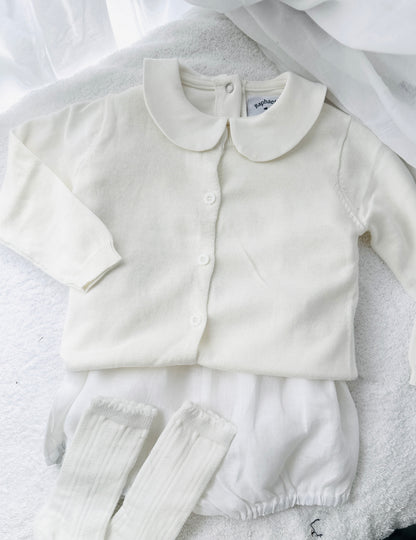 Baptism outfit with cotton onesie and cardigan or jumper and beige linen bloomers and white socks