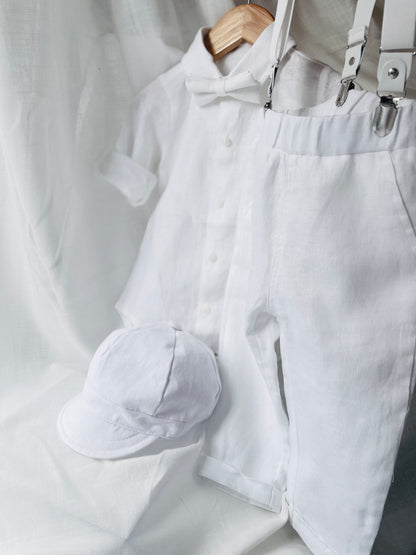 White linen Baptism Suit outfit with optional blue jacket and Accessories