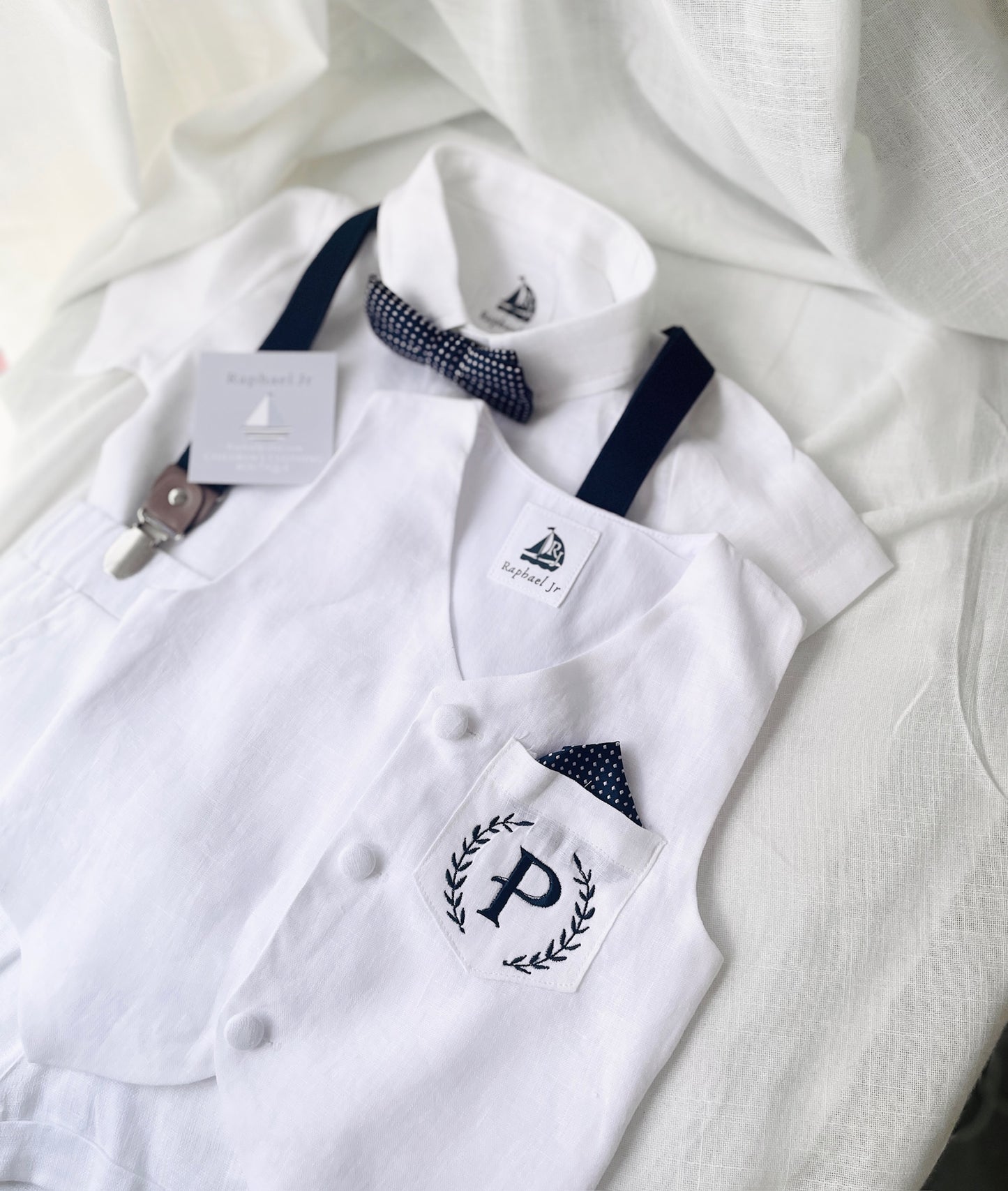 Baby and Toddler Boys white linen full length set with vest, shirt, pants, suspenders and bowtie plus optional blue blazer