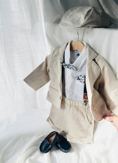 Beige Linen Summer Suit with navy blue accessories