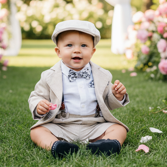 Beige Linen Summer Suit with navy blue accessories