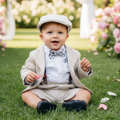 Beige Linen Summer Suit with navy blue accessories