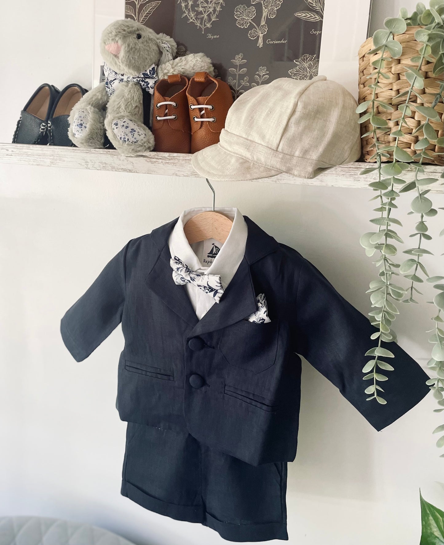 Navy blue linen summer set with shorts, shirt, suspenders and bow tie plus optional jacket, embroidery, shoes and cap