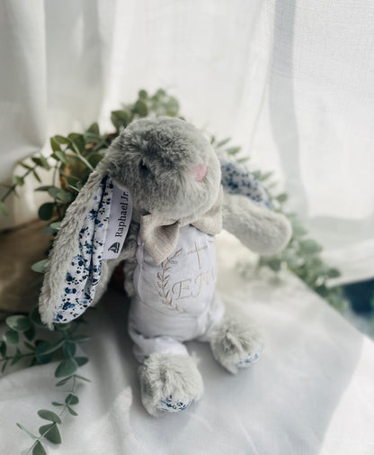 Beige Linen Baptism outfit with suspender shorts, shirt, and bow tie plus optional jacket and embroidery