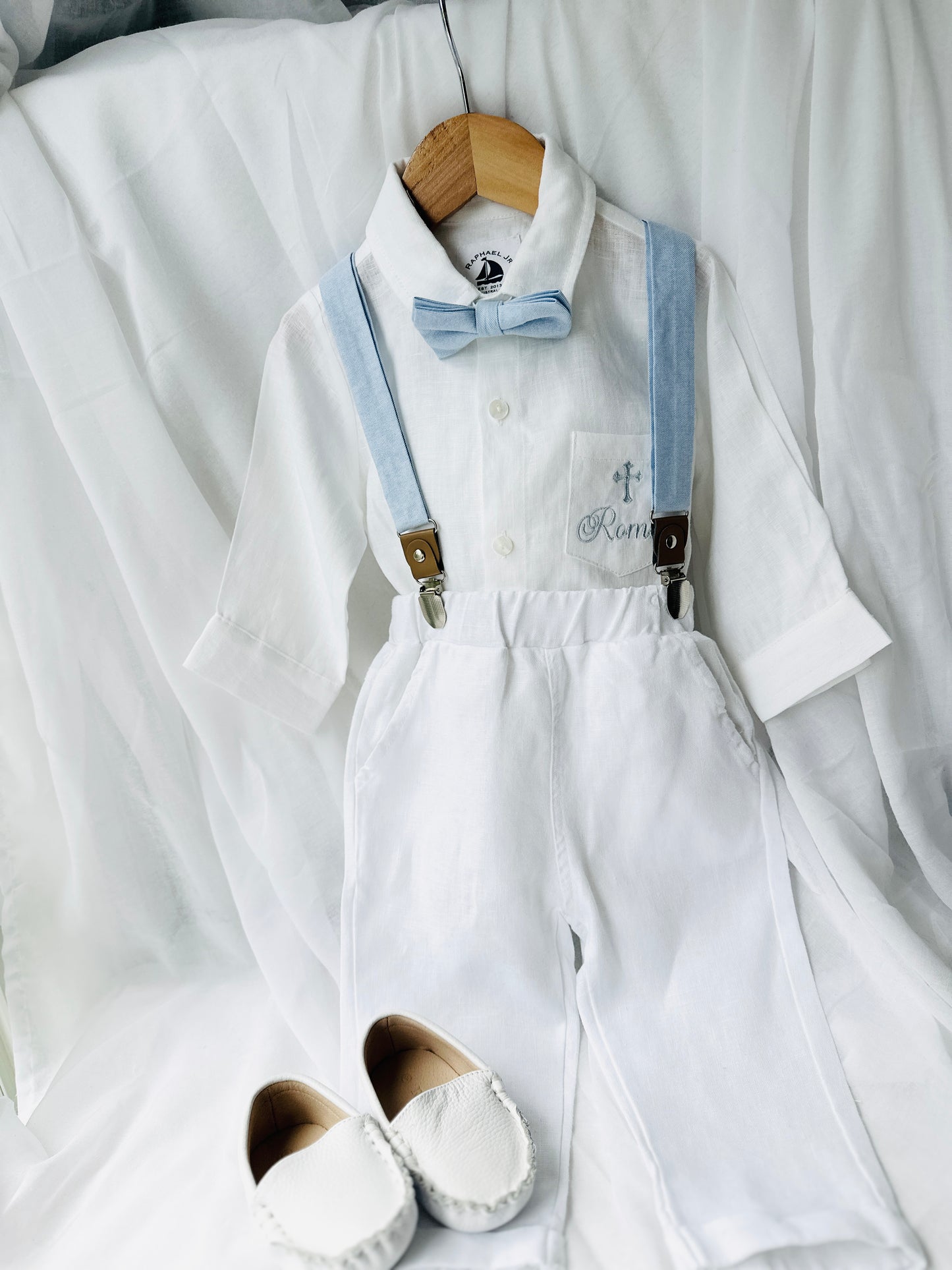 White linen Baptism suit set with pants, shirt, suspenders and bowtie plus optional jacket and extras