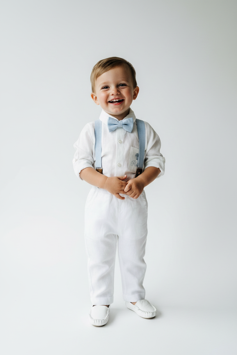 White linen Baptism suit set with pants, shirt, suspenders and bowtie plus optional jacket and extras