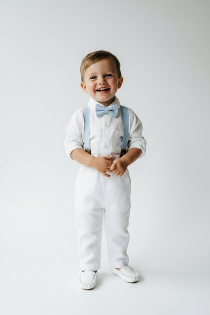 White linen Baptism suit set with pants, shirt, suspenders and bowtie plus optional jacket and extras