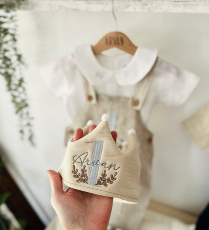 Boys Beige Linen First Birthday romper overalls wild one safari