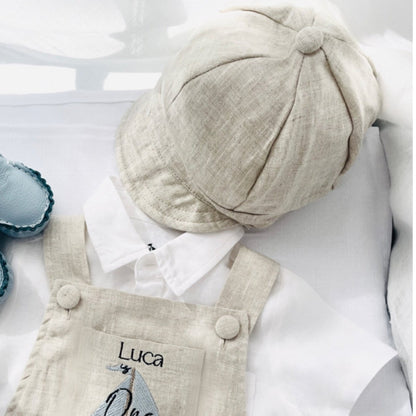 Baby and Toddler boys blue and white linen baptism and birthday romper and shirt set