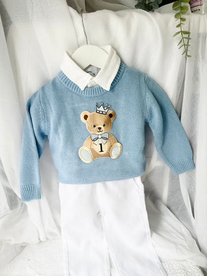 Pale blue teddy or hot air balloon jumper knit