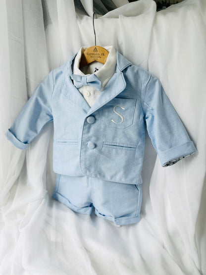 Pale blue summer vest set with blue vest, suspender shorts white shirt and blue blazer